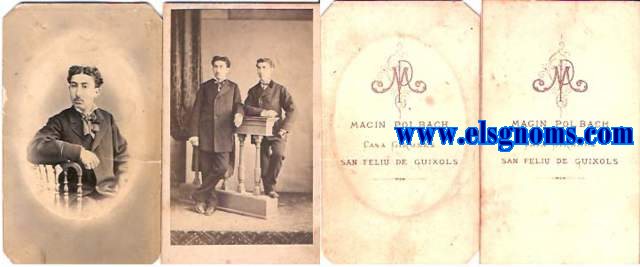 2 fotografías carte de visite en procedimiento de albúmina de Magín Polbach - Casa Gironés de San Feliu de Guixols, una representando barón de medio cuerpo y otra con 2 varones de cuerpo entero y de pié.