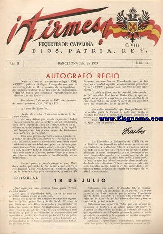 ¡Firmes! Requetés de Cataluña. Dios, Patria, Rey. Año II. Nº 14. Barcelona, julio de 1953.