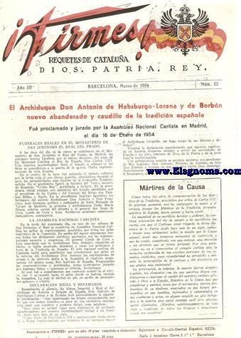 ¡Firmes! Requetés de Cataluña. Dios, Patria, Rey. Año III. Nº 22. Barcelona, Marzo de 1954.