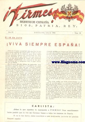 ¡Firmes! Requetés de Cataluña. Dios, Patria, Rey. Año III. Nº 26. Barcelona, Julio de 1954.