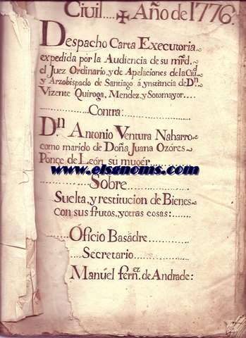 Despacho Carta Egecutoria expedida por la Audiencia de su MRD. el Juez Ordinario, y de Apelaciones de la Ciudad y Arzobispado de Santiago  ynstancia de Dn. Vizente Quiroga, Mendez y Sotomayor Contra Dn.Antonio Ventura Naharro como marido de D Juana Ozres Ponce de Len su muger. Sobre suelta y restitucion de Bienes con sus frutos, y otras cosas. Libro tamao folio con 297 hojas enteramente manuscritas por ambas caras. Datado: Santiago,1776. Junto con otro volumen: Libro cobrador de todas las rentas forales, ariendos y censos, que pertenecen  la casa del Couto, S.Vicente de Trasma, S.Miguel de Pexegueiro que posee y disfruta D.Roque Quiroga y Maza Mendez de Mendez y Sotomayor, quien lo mand hacer en el mes de Marzo de 1850. Libro tamao folio manuscrito. con 