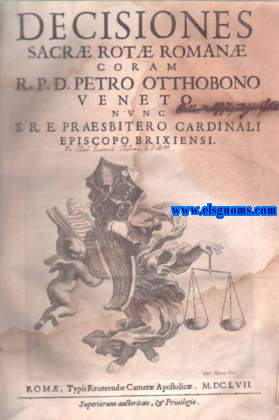 Decisiones Sacr Rot Roman coram R.P.D..., Veneto. Nunc S.R.E. Praesbitero Cardinali Episcopo Brixiensi.B ello grabado al cobre en portada.