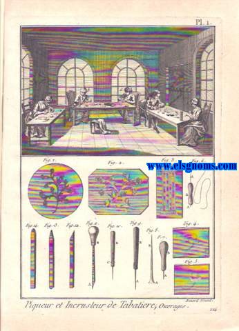 Encyclopdie methodique.De esta obra ofrecemos la coleccin completa de 2 lminas grabadas al cobre correspondientes a Piqueur et Incrusteur de Tabatiere, Ouvrages.