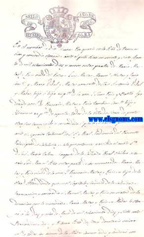 Division de los bienes que fueron de Maria Mestres y Puig viuda del Patron Luis Mestre de la Volla de Sitges, echa, y firmada entre Peregrin Mestre, y Puig, y Manues Mestre y Puig, hermanos ambos comerciantes, por medio de sus respectivos Apoderadps Generales. Aut(entific)a Fran(cis)co Ferrer, t Sids, Publi(ico) y Real de dicha Villa.