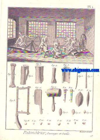 Encyclopdie Methodique.De esta obra ofrecemos la coleccin completa de 2 lminas grabadas al cobre correspondientes al oficio de Patentrier, Ouvrages et Outils.