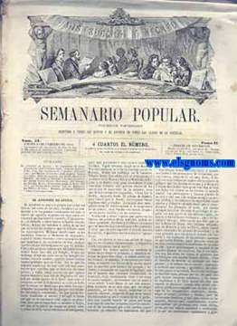 Semanario Popular, Peridico Pintoresco Adaptado a Todos Los Gustos y al alcance de todas las clases de la Sociedad. Bajo la direccin literaria de D. Florencio Janer.Ao Segundo.-1864.Nm.51. Jueves 18 de Febrero de 1864.SUMARIO :El Avestruz de Africa.-El Compromiso de Caspe, (Conclusion), por Florencio Janer.-Cuentos Morales: Zuma,  El Descubrimiento de La Quinina.(Continuacion) , por Madama de Genlis.-A Mi Hermana Eloisa : Aly-Athar.Romance Morisco , por Adolfo Miralles de Imperial.-El Duque de Vendome.-Glorias de la Vida, por Adrian Viudes Giron.-Nocturno , (del aleman), por Enrique Heine.-Francfort sobre El Main.-Soneto , por Manuel Maria Guillen.-Las Dos Hermanas, por Melchor de Palau.-Delirios , por Manuel Valcrcel.-Publicaciones Baratsima.