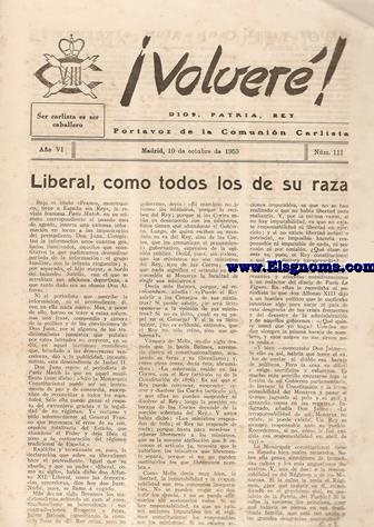 Volver! Dios, Patria, Rey. Portavoz de la Comunin Carlista. Ao VI. Nm. 111. Madrid, 10 de octubre de 1953.