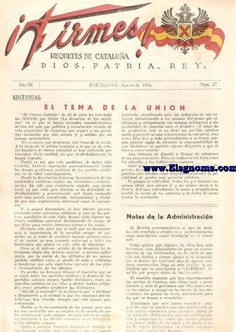 Firmes! Requets de Catalua. Dios, Patria, Rey. Ao III. N 27. Barcelona, Agosto de 1954.
