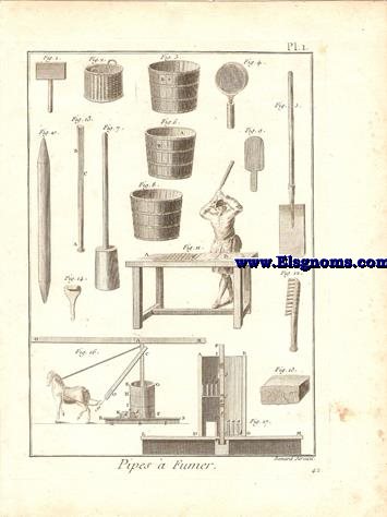 Encyclopdie methodique. De esta obra ofrecemos la coleccin completa de 9 lminas grabadas al cobre correspondientes al oficio de Pipes  fumer.