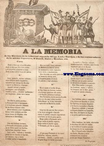 A la memoria de los Mártires de la Libertad española Riego, Laci y Torrijos, y de los restauradores de la misma Espartero, O'Donell, Dulce y Mesina, wtc.