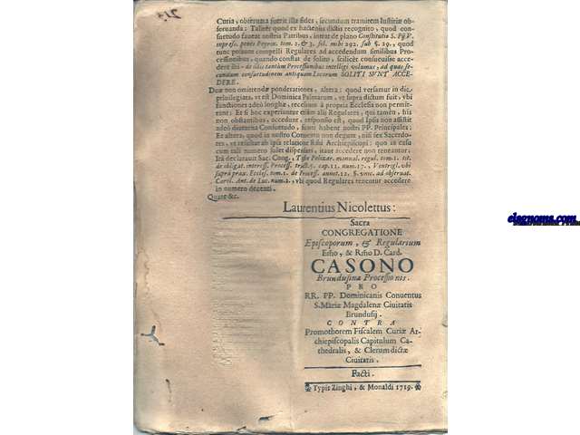 Sacra Congregatione Episcoporum, & Regularium Emo., & Rmo. D.Card. Casono Brundisima Processionis.. Pro RR.PP. Dominicanis Conventus S. Mari Magdalen Civitatis Brundusij. Contra Promotorem Fiscalem Curi Archiepiscopalis Capitulum Cathedralis, & Clerum dict Civitatis.